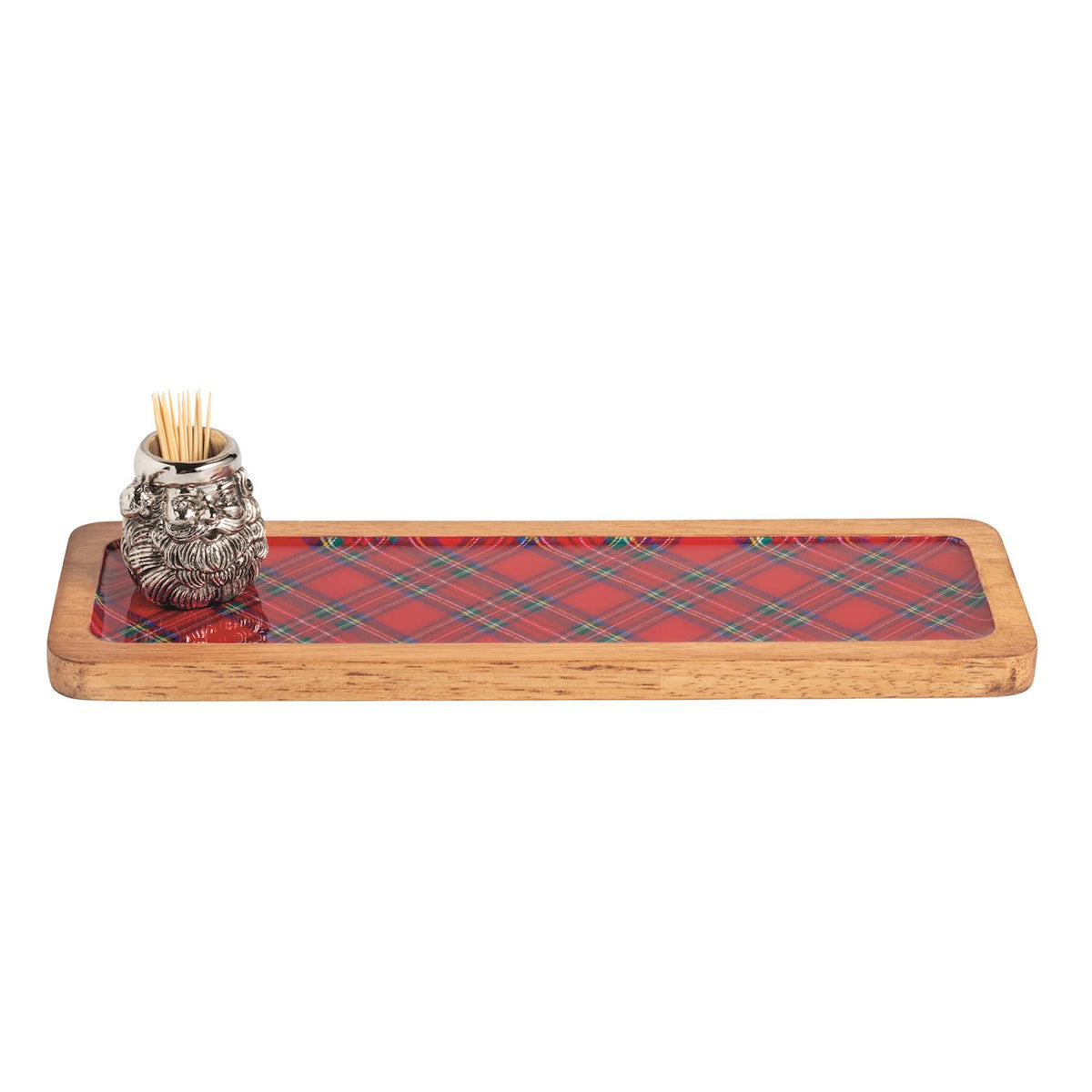 Santa tartan pine wood board game set with toothpicks in a matching caddy.