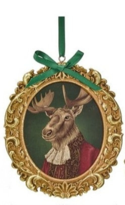 Ornate gold-framed moose bust ornament wearing a red coat and lace collar with a green ribbon bow.