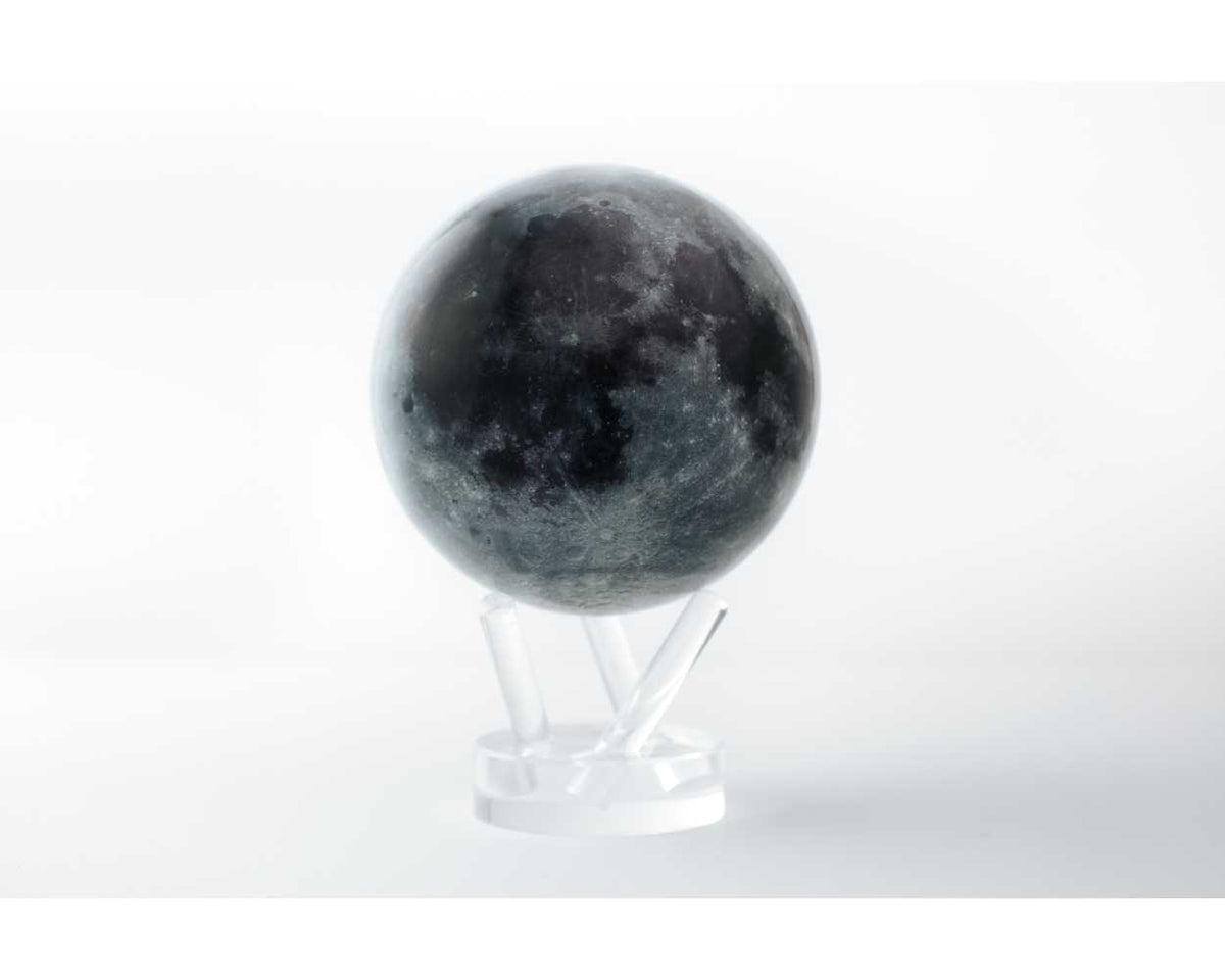 4.5-inch moon globe with base featuring clear outer shell and rotating inner sphere powered by ambient light.