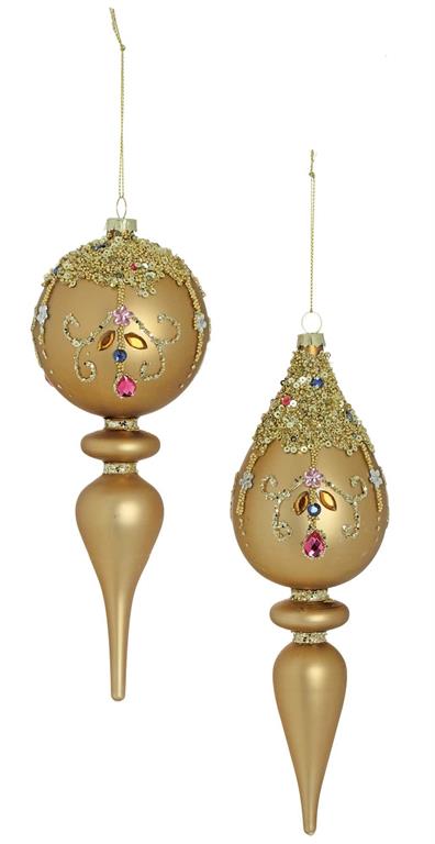 Two gold finial ornaments with glitter, sequins, and colorful jewels hanging from gold strings.