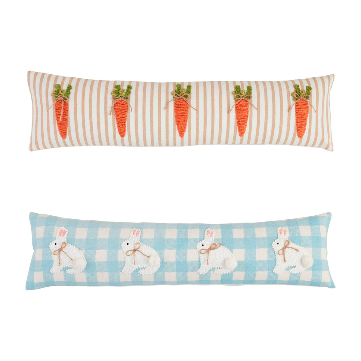 Long decorative pillow with Easter applique featuring a bunny on an off-white fabric background.