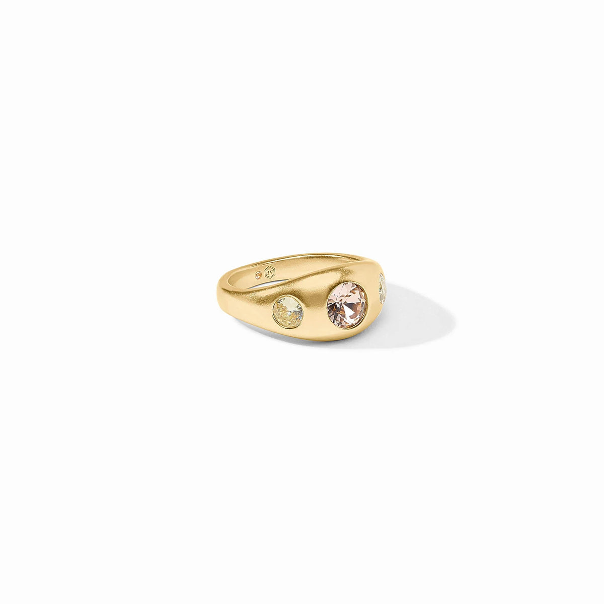 Rainbow signet ring with a colorful CZ stone set in gold-plated metal.