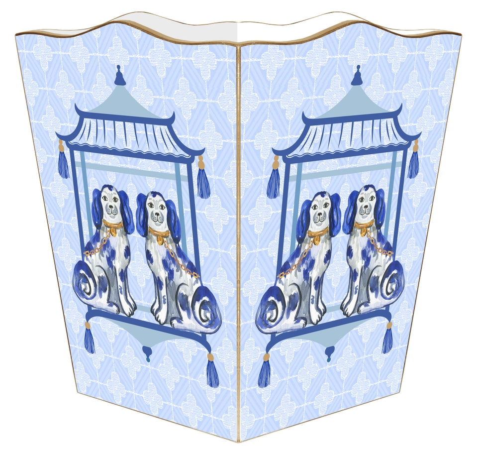 Blue and white scalloped wastepaper basket with Staffordshire dog and pagoda design.