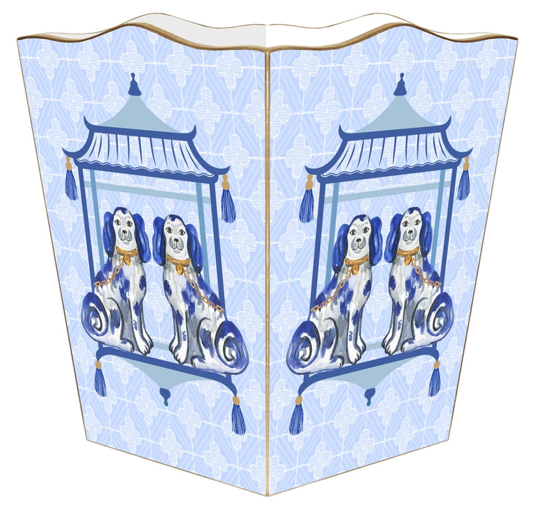 Blue and white scalloped wastepaper basket with Staffordshire dog and pagoda design.