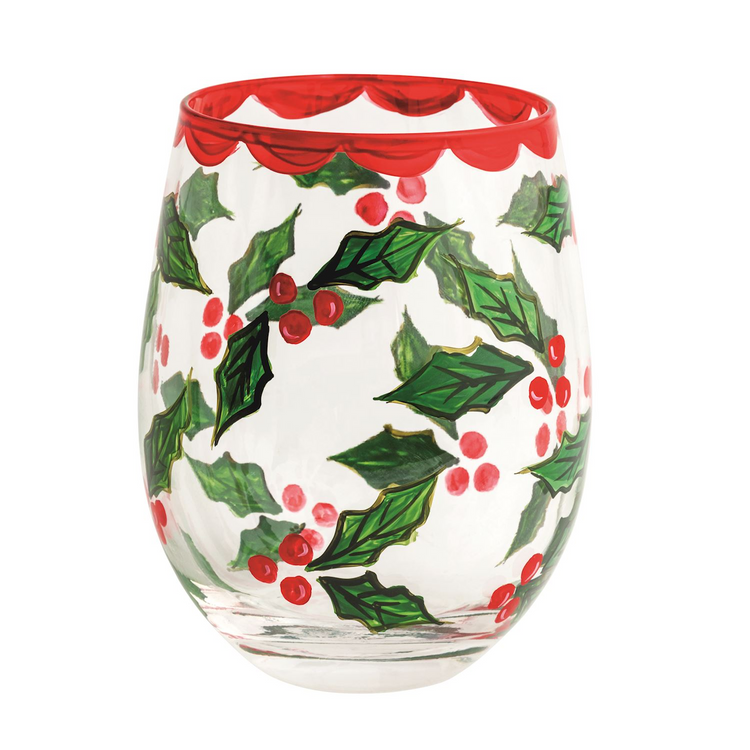 Stemless wine glass with hand-painted holly leaves, red berries, and a scalloped red rim.