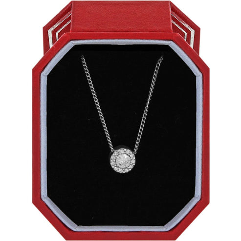 Silver plated Illumina Solitaire Necklace with crystal pendant in an octagonal red gift box.