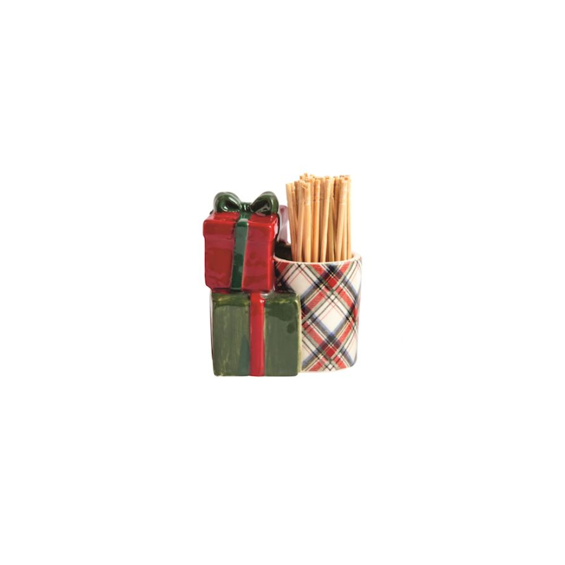Hand-painted stoneware toothpick caddy with stacked gift boxes and a tartan plaid holder.