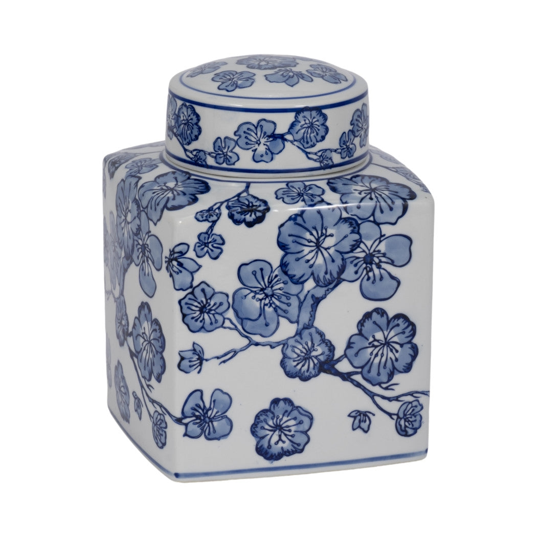 Blue ceramic square vase with white cherry blossom chinoiserie patterns