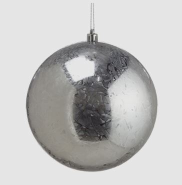6-inch silver mercury-look plastic ball Christmas ornament with a textured finish and hanging loop.