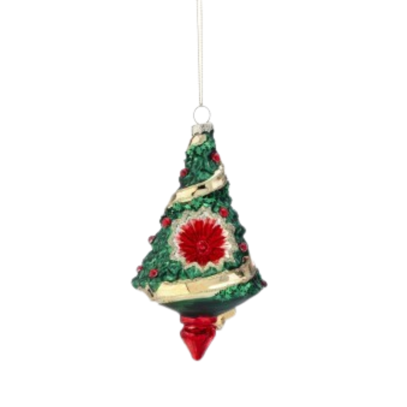 6-inch green glass Christmas tree ornament with a red reflector center and gold glitter accents.