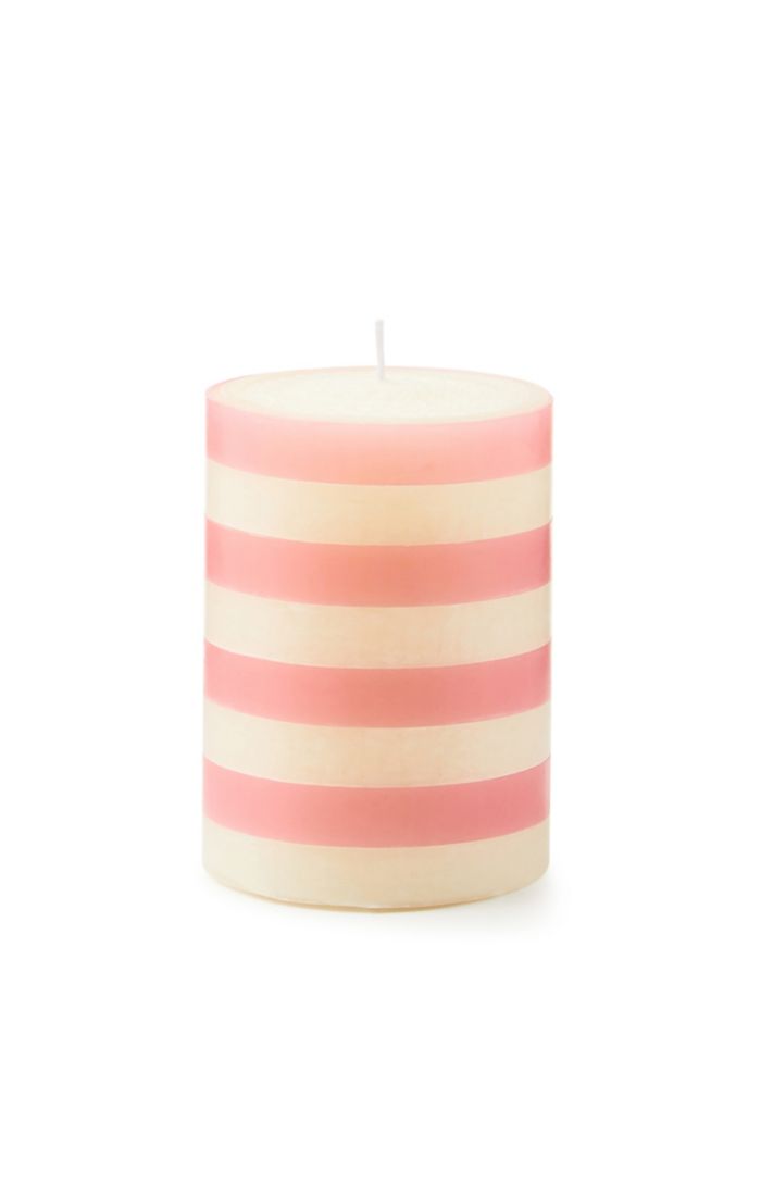 4-inch tall pillar candle featuring horizontal pink and cream stripes.
