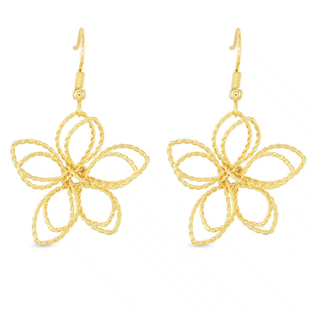 Pair of gold polished Willa earrings featuring a five-petal wire-twist flower design.