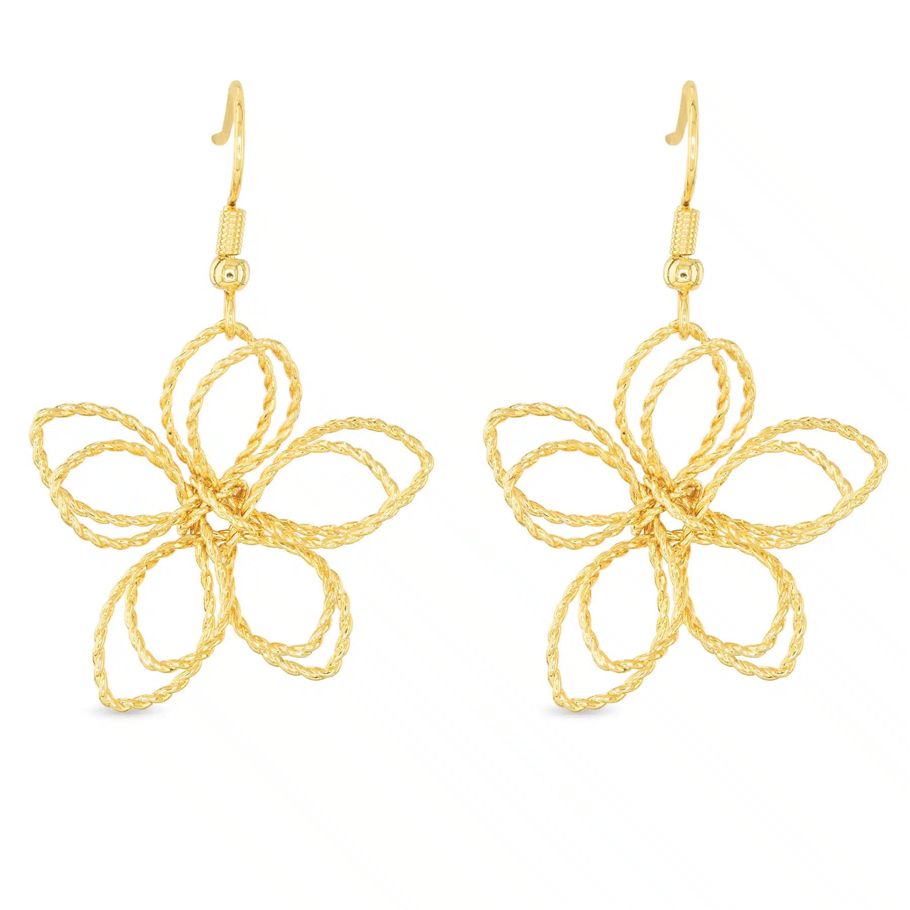 Pair of gold polished Willa earrings featuring a five-petal wire-twist flower design.