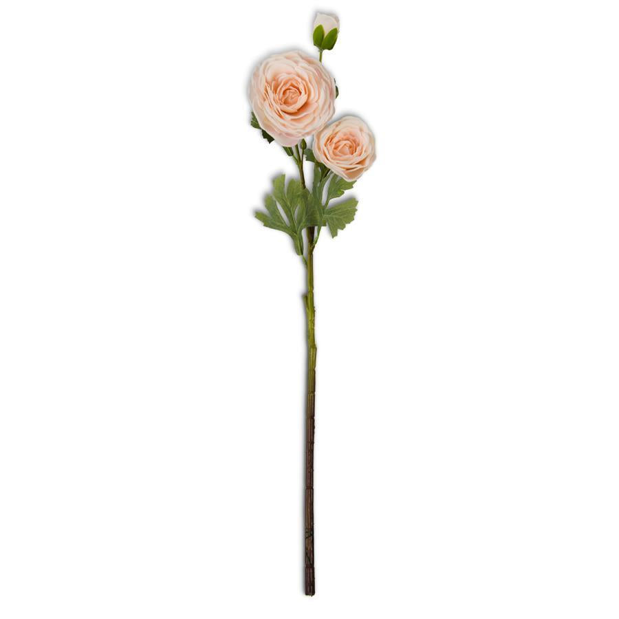 Artificial triple bloom ranunculus flower head with fabric petals in a naturalistic gradient color scheme.