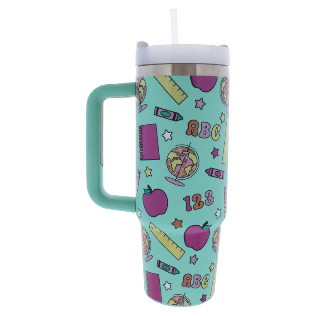 Light blue 30 oz tumbler with handle, straw, and a colorful school-themed pattern.