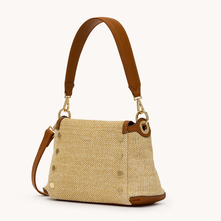 Bryant Med Cocoa Raffia handbag with tan leather straps and gold hardware accents.