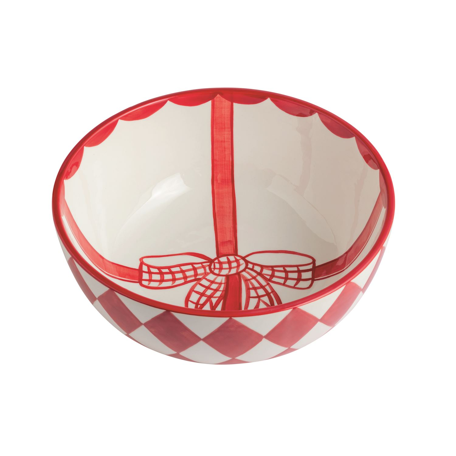 White ceramic bowl with red hand-painted ribbon, bow, and checkered pattern on the exterior.