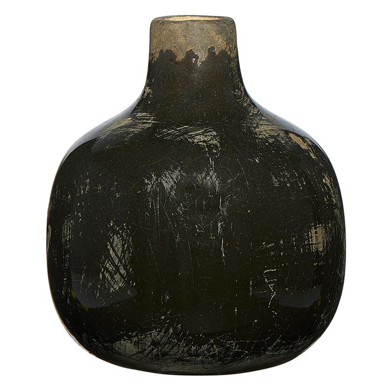 Mini ceramic vase with a distressed dark green glaze and a natural clay rim.