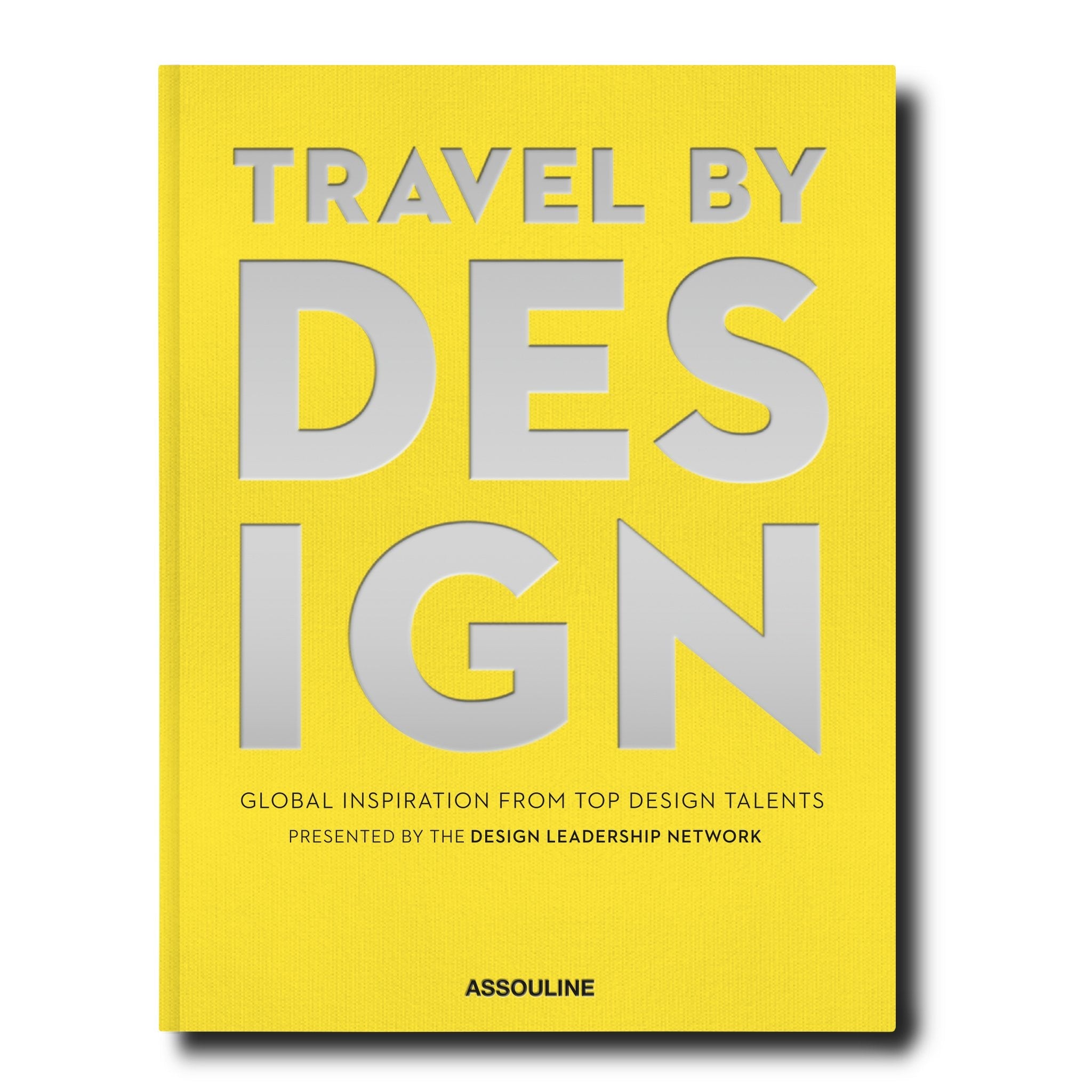 Linen hardcover book titled Travel by Design with a minimalist cover design.