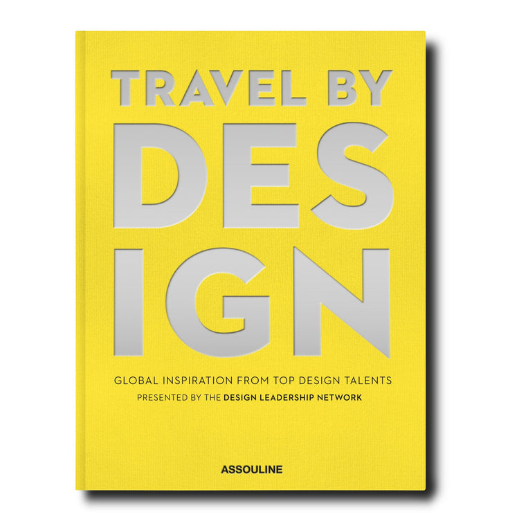 Linen hardcover book titled Travel by Design with a minimalist cover design.