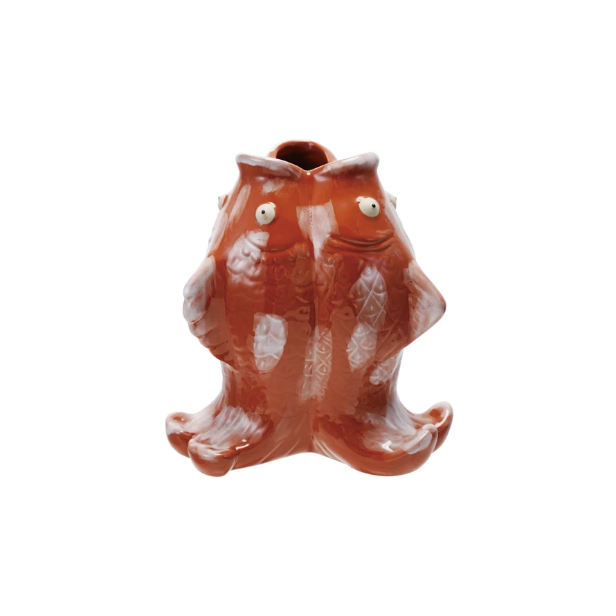 Stoneware koi fish shaped vase with reactive glaze finish