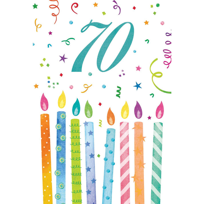 70th birthday celebration candle with glitter foil embossing reading Make a wish and have a wonderful birthday