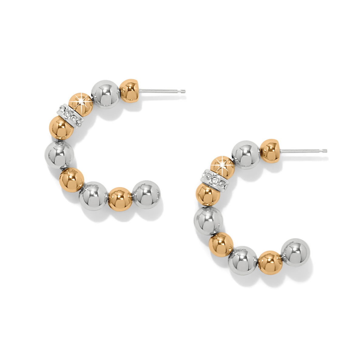 Silver-gold two-tone petite hoop earrings with flat disc backs featuring fine quality crystals.