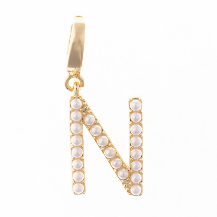 18k gold plated letter N charm with pearl inlay and a clasp for attachment.