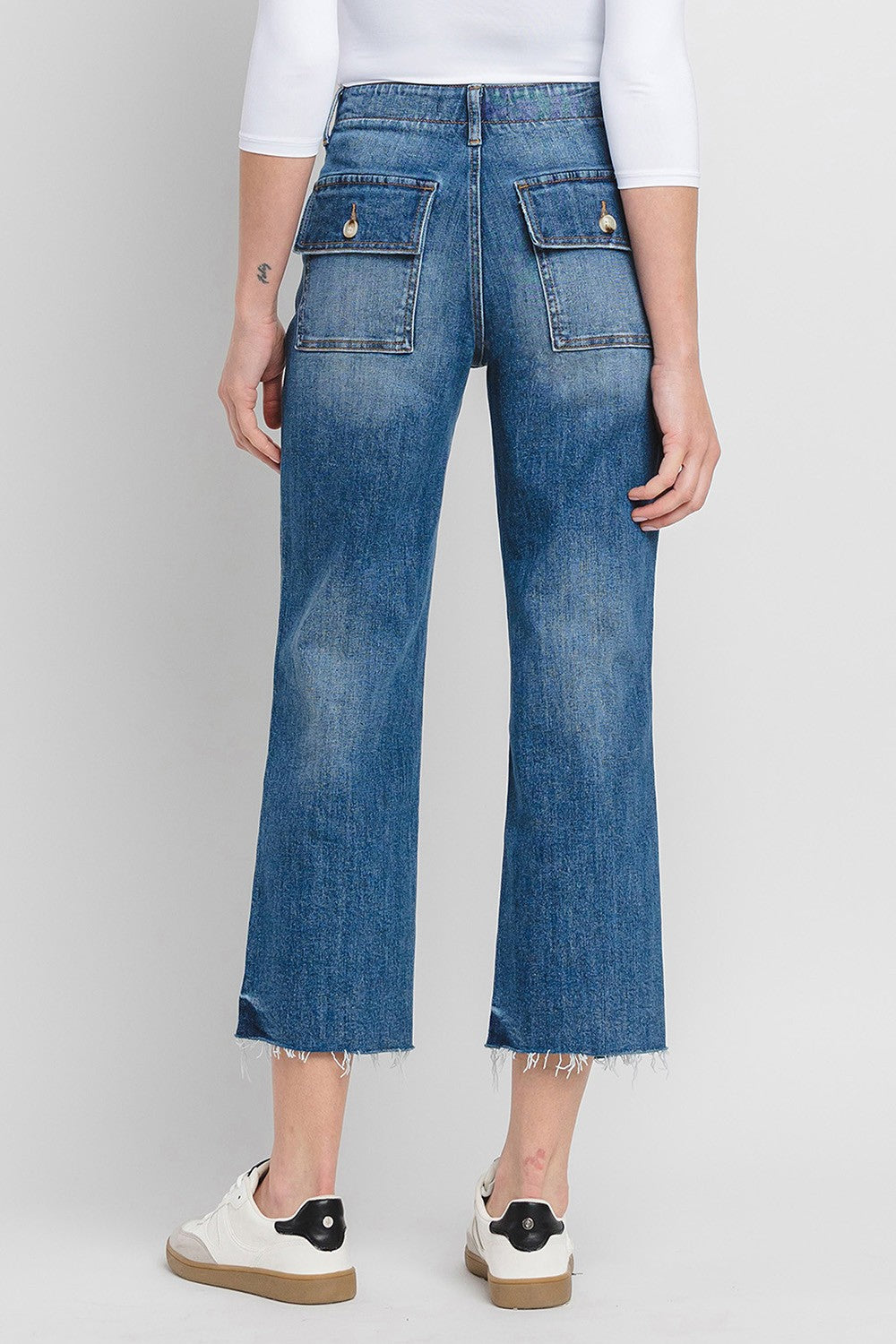 Avery High Rise Crop Utility Straight Jeans in dark wash denim with five-pocket styling and button fly.