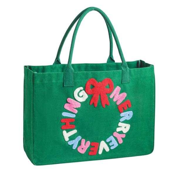 Green canvas tote bag with a festive bouclé wreath design and 'Merry Everything' sentiment.