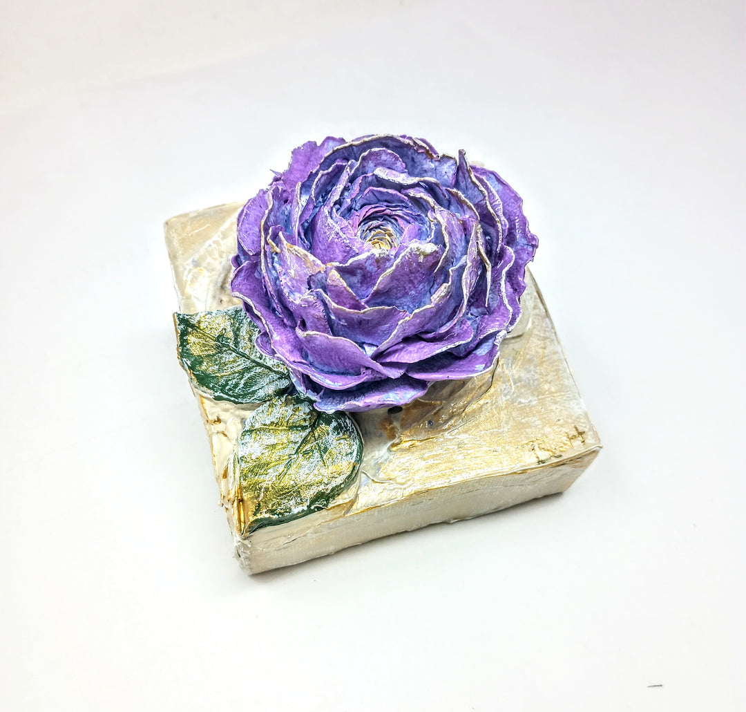4x4 inch square clay artwork featuring a rose relief with textured earthy finish.