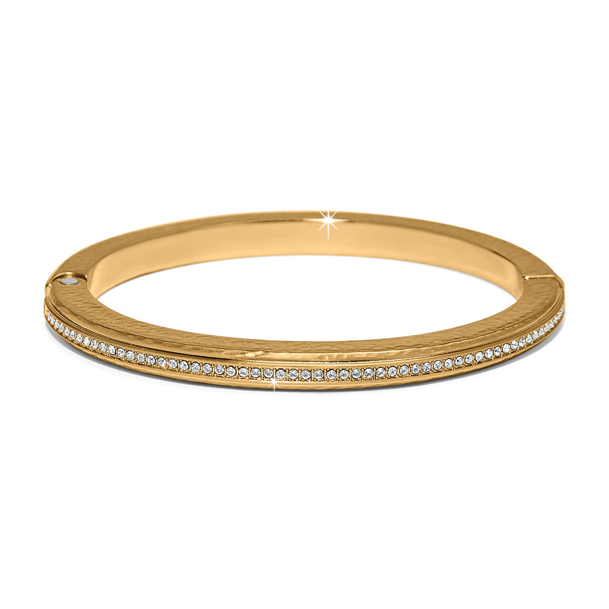 Gold plated hinged bangle bracelet featuring fine quality crystals on a circular silhouette.