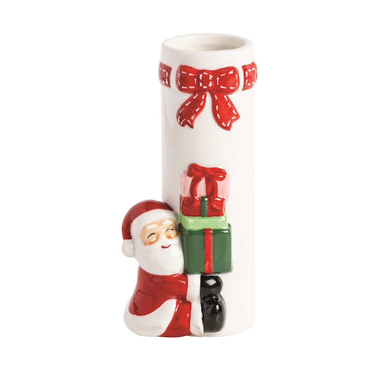 White ceramic Christmas stem vase featuring a hand-painted Santa Claus holding a stack of gifts.