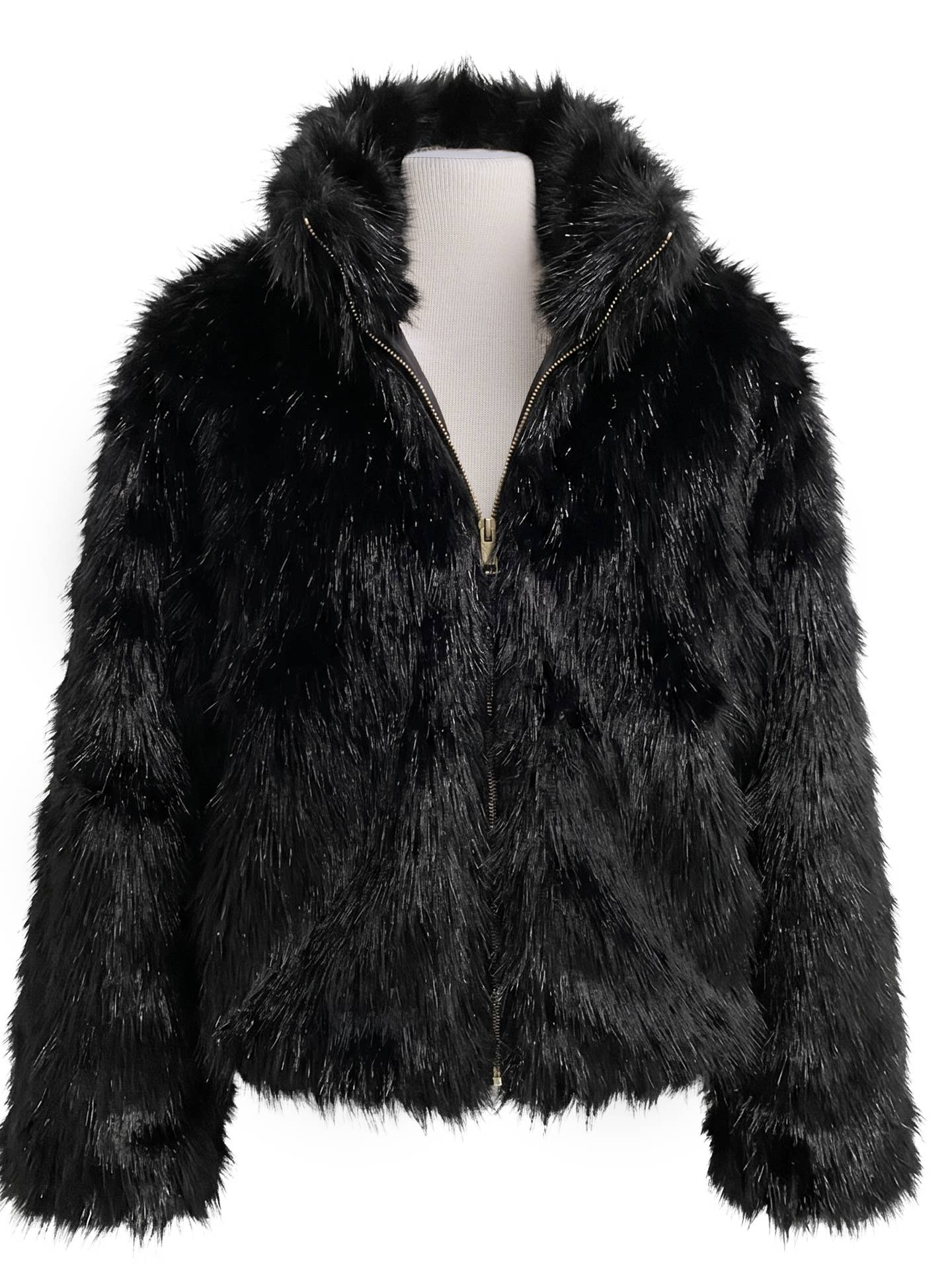 Black dressy faux fur jacket with a gold-tone front zipper closure and high collar.