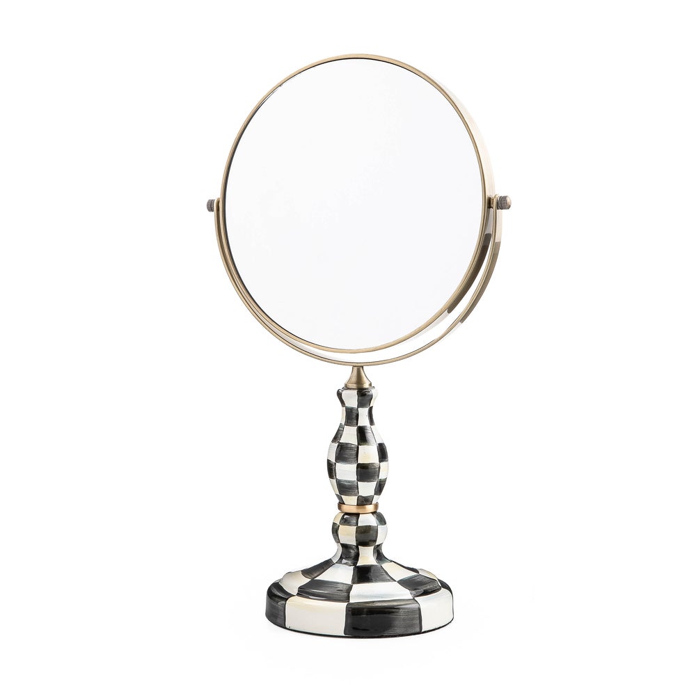 Hand-glazed enamel vanity mirror with stainless steel frame in courtly check pattern