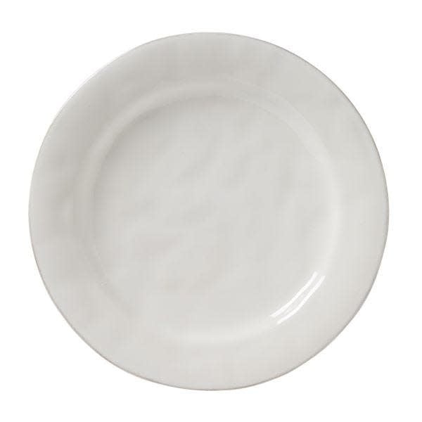 Round ceramic dinner plate with a smooth white glaze and simple rim.