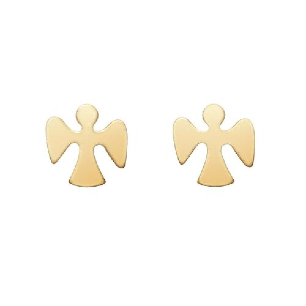 Gold-filled Guardian Angel stud earrings with a delicate winged figure silhouette.