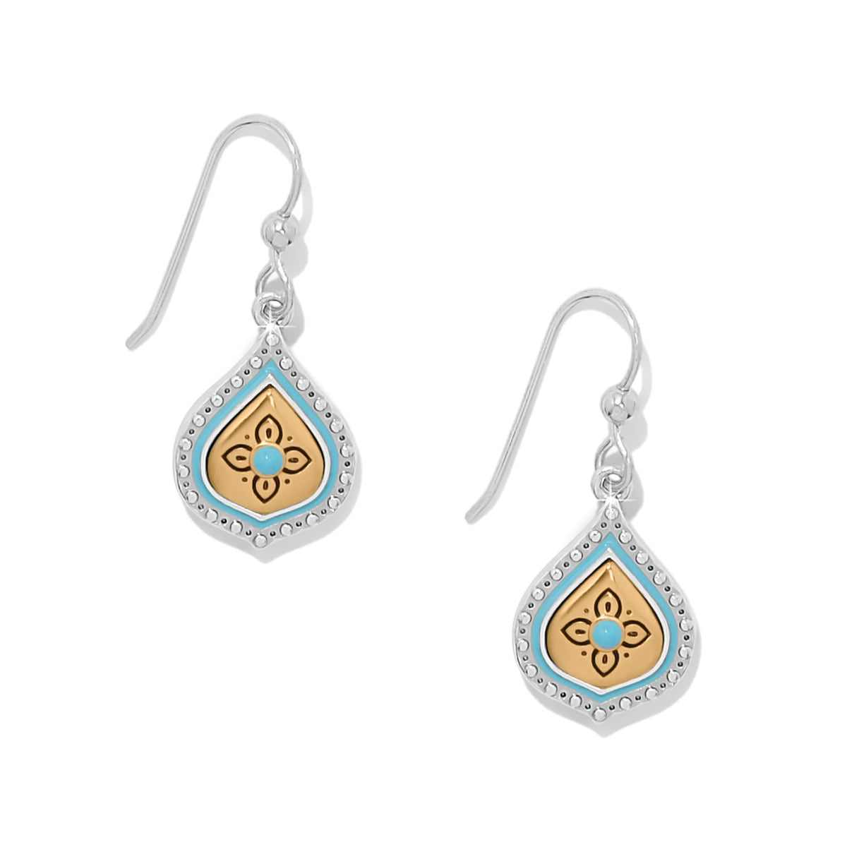 Silver French wire earrings featuring teardrop mosaic crystals with a two-tone enamel finish.