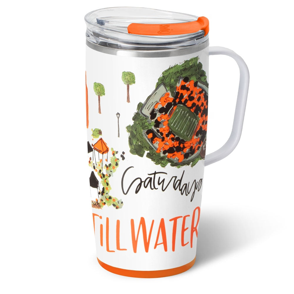 Silver stainless steel travel mug with a black silicone base and lid slider.