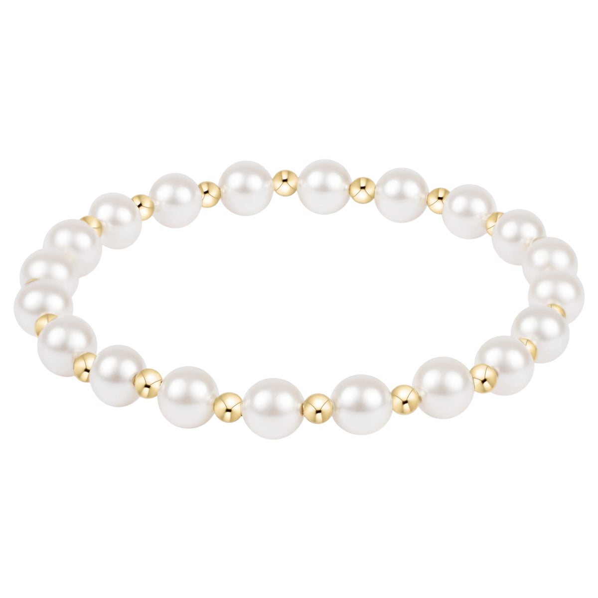 Grateful Pearl 6mm Bracelet featuring white crystal pearls and 14k gold-filled beads on elastic.