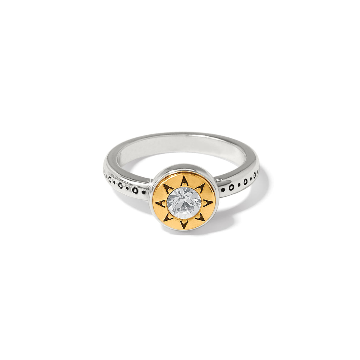 Silver-gold two tone mosaic ring with fine quality crystal stones in a three-eighths inch wide band.