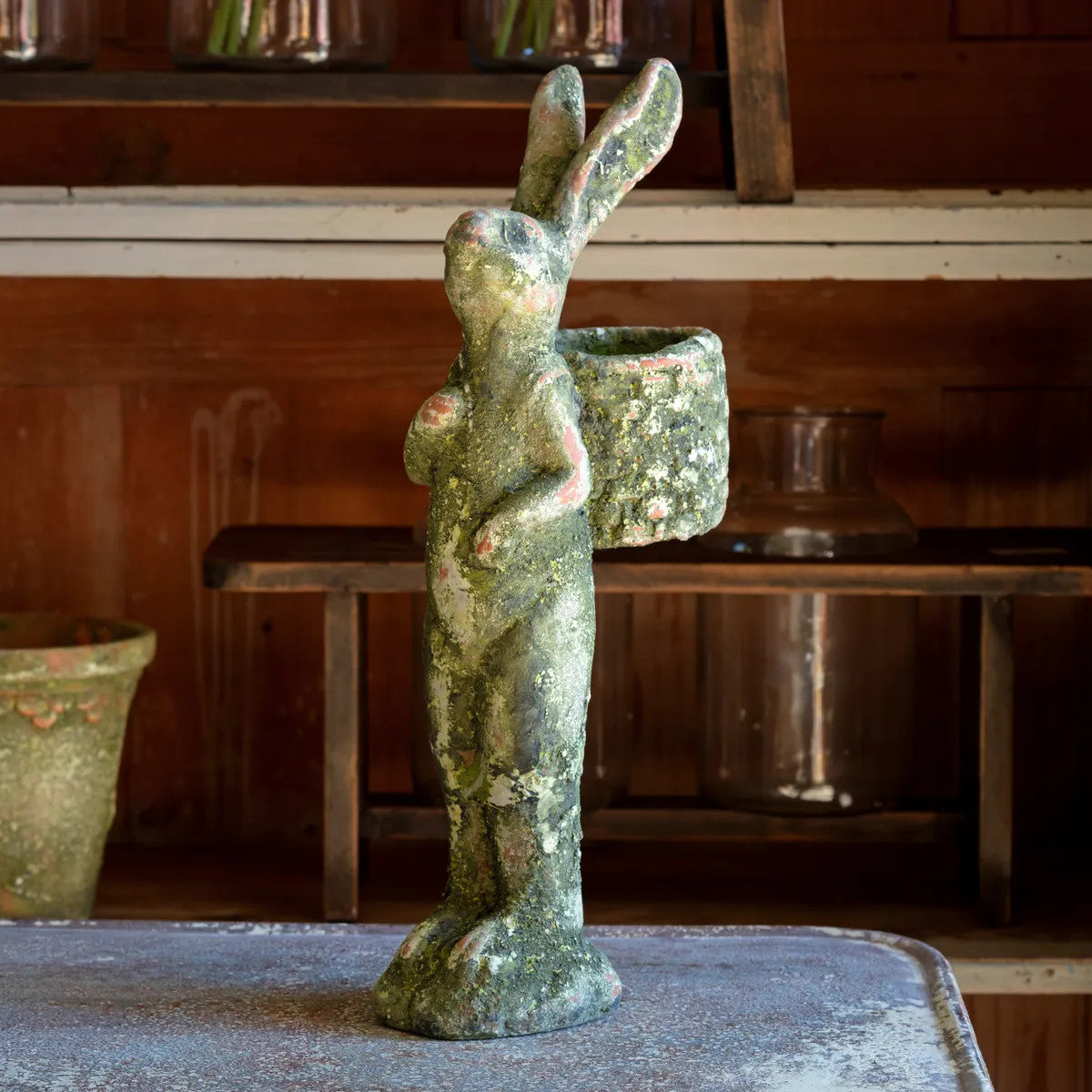 Aged Gathering Rabbit figurine in aged wood finish with natural grain texture.