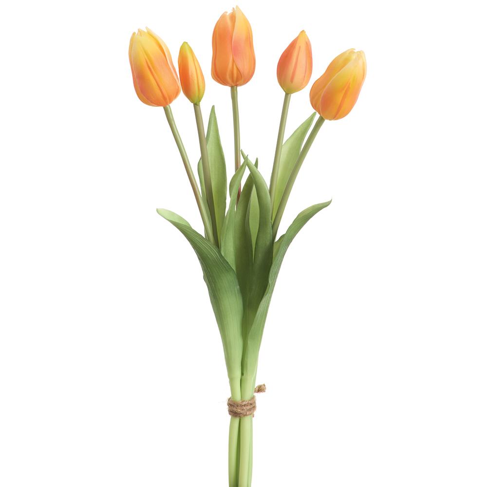 Sixteen-inch artificial Dutch tulip bouquet in red with green foliage arranged on a metal wire stand.