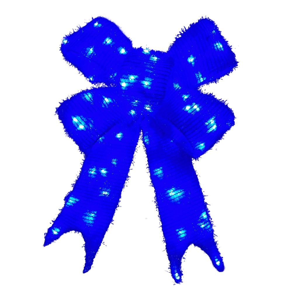 18-inch blue LED outdoor decorative bow with glowing lights and textured fabric.