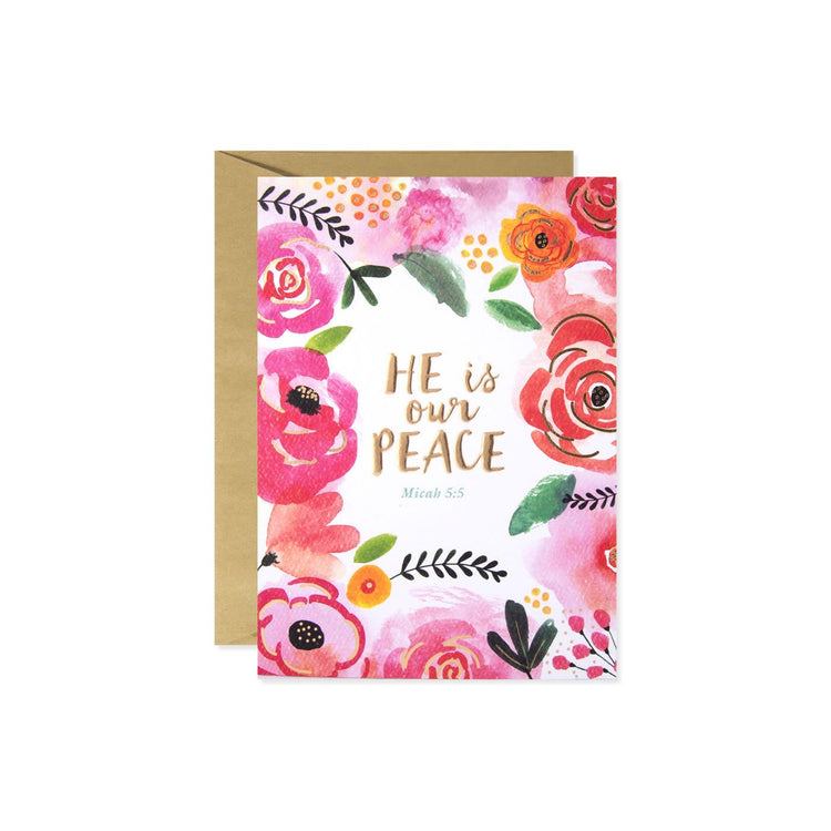 Floral greeting card with the text "HE is our PEACE" and "Micah 5:5" in gold lettering.