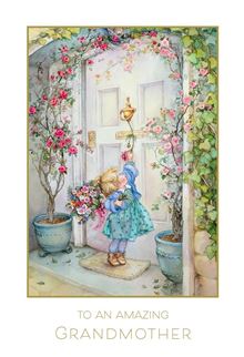 A young girl in a blue dress knocks on a white door adorned with pink roses. Text reads 'To an amazing Grandmother'.