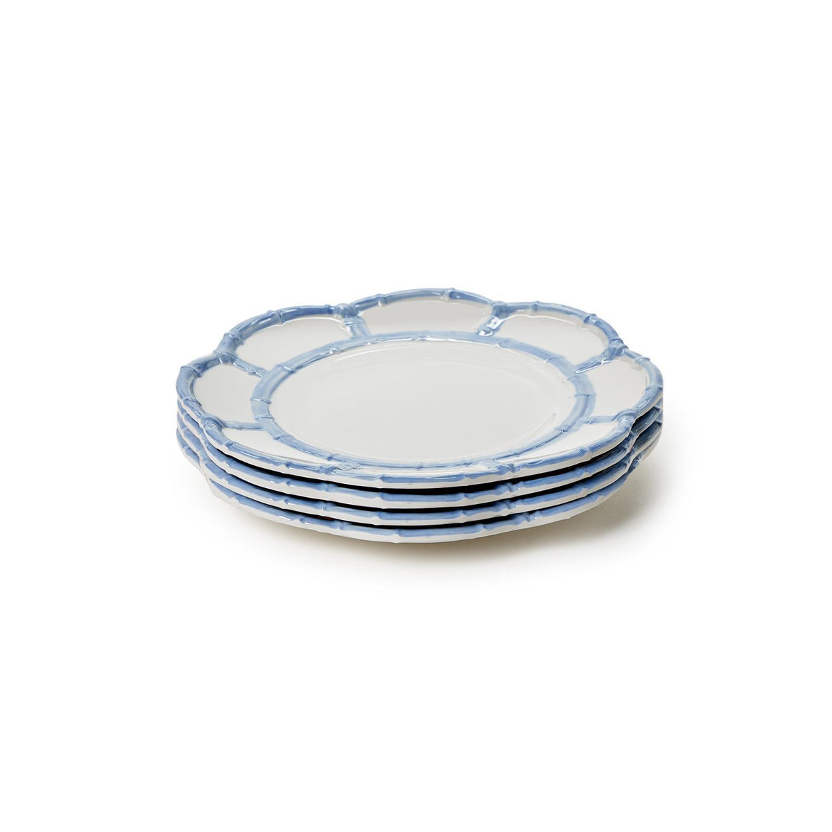 Stack of four white melamine salad plates with a blue bamboo-style rim design.
