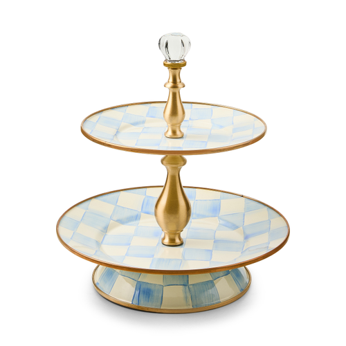 Two-tier steel stand with hand-painted sky blue checks on a glass knob top.