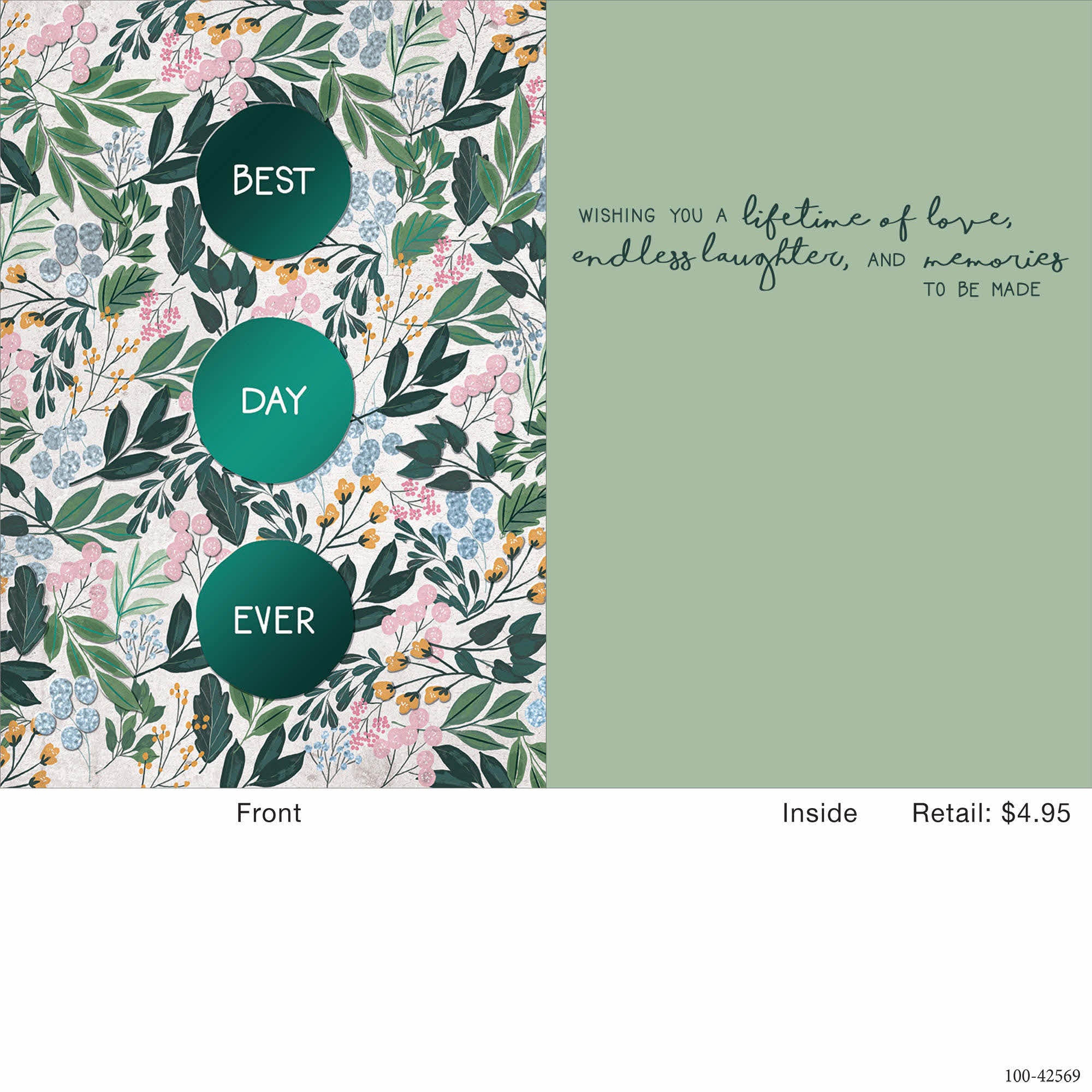 Green House Wedding Florals Card with floral pattern and text "Best Day Ever" on front and "Wishing you a lifetime of love, endless laughter, and memories to be made" inside.