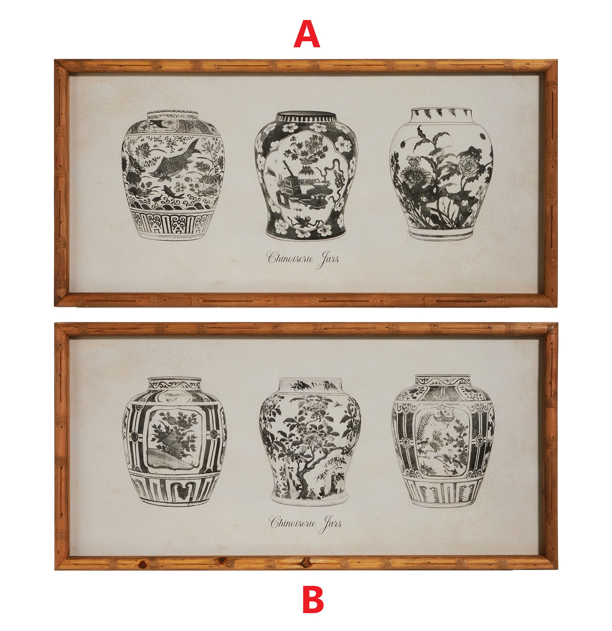 Framed wall art featuring a black ginger jar on wood with dimensions 27 inches by 13.75 inches.